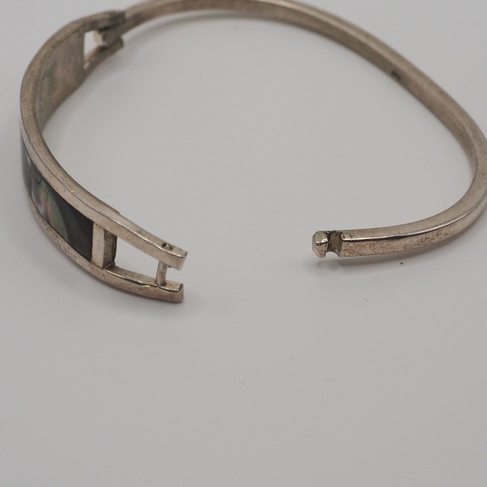 Vintage Bangle Bracelet Silver Abalone Inlay Shell Mexico Boho - Picture 6 of 12